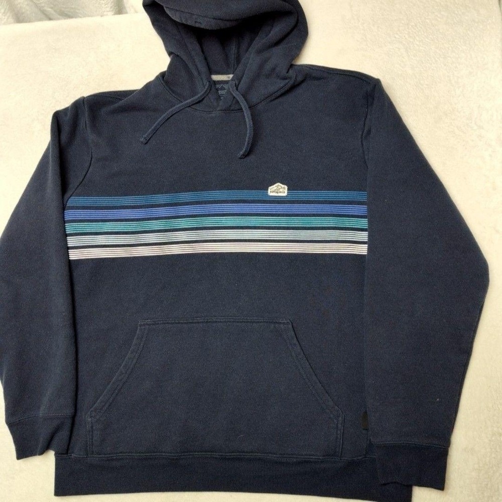 Patagonia Hoodie Mens L Blue Pullover Striped Heavyweight Uprisal Outdoor Pocket